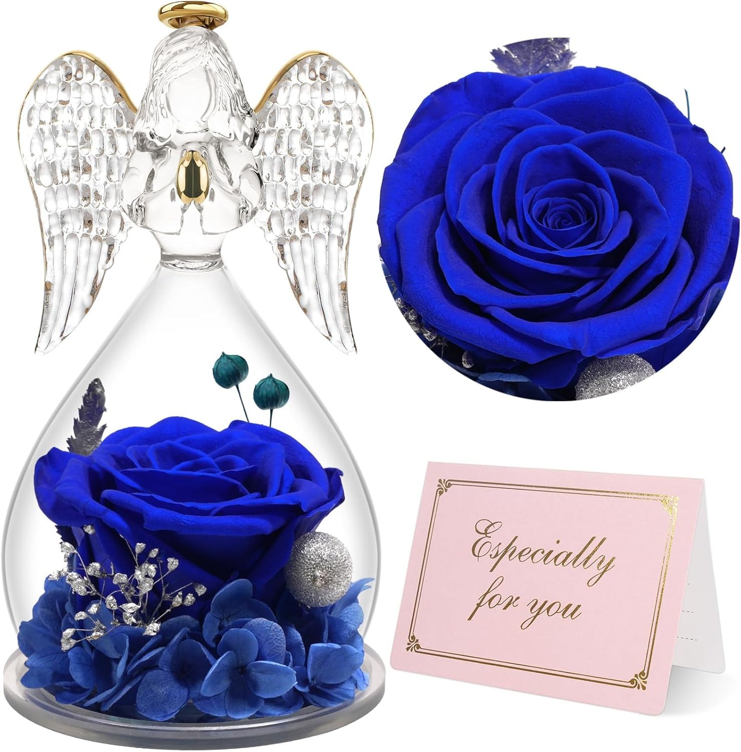 Yamonic Mom Birthday Gifts for Mom, Angel Figurines with Real Rose Gifts for Her Mom Grandma,Preserved Flowers Rose Angel Figurines for Mothers Day Christmas Anniversary Birthday Gifts for Her (Blue)