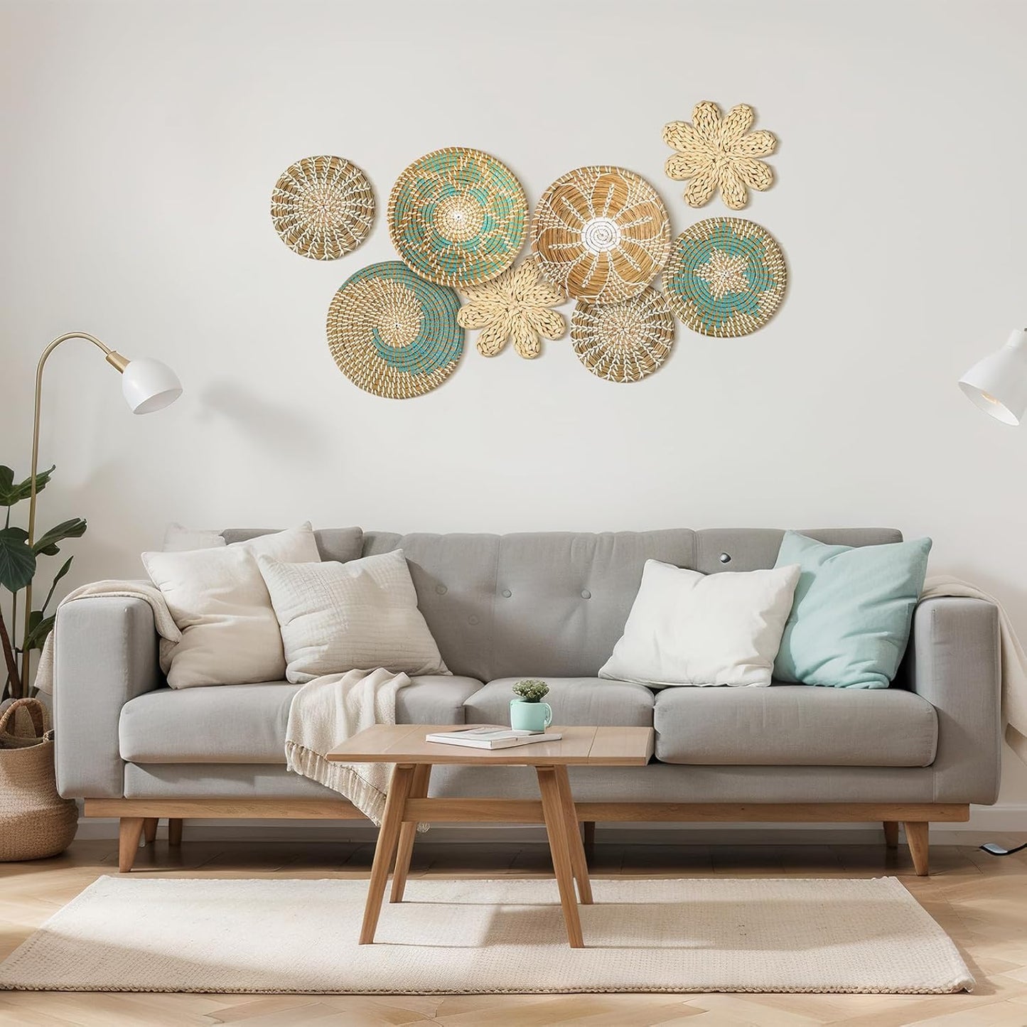 Xuhal Set of 8 Hanging Woven Wall Basket Handmade Decorative Rustic Boho Basket Decor Handcrafted Wicker Round Seagrass Wall Art for Home Kitchen Farmhouse Table Living Room