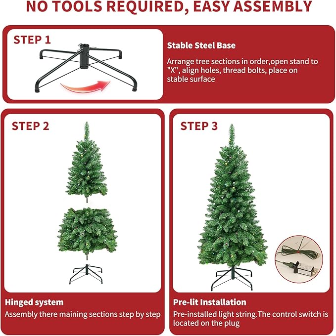 5FT Christmas Tree LED Bulbs Pre-Lit, Premium Artificial Christmas Tree with Lights, Decorated Xmas Tree with Tripod Stands for Indoor Home Office Party Holiday Decoration, ETL Listed