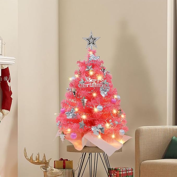 Juegoal Pink Mini Christmas Tree, 24 Inch/2 FT Lighted Tabletop Artificial Xmas Pine Tree, Small Spruce Tree Light Up Battery Operated & Timer with 50 LED Lights, for Holiday Winter Home Party Decor