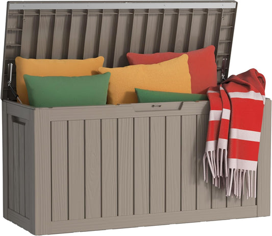 80 Gallon Outdoor Storage Box Waterproof, UV Resistant Resin Deck Box with Hydraulic Rod, Reinforced Stability for Patio, Garden, Striped Gray