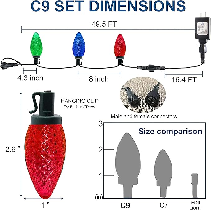 Dazzle Bright C9 Christmas String Lights, Waterproof Connectable Green Wire Fairy Lights, Christmas Lights for Indoor Outdoor Home Yard Xmas Tree House Decorations (Multi-Colored, 50 LED)