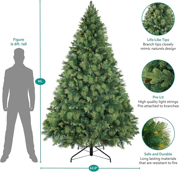 Naomi Home Vail 9ft Prelit Artificial Christmas Tree with Pine Cones, Foot Pedal, 2294 Branch Tips, 1050 Warm Lights and Metal Stand, 62" Wide Realistic Traditional Christmas Tree with Lights