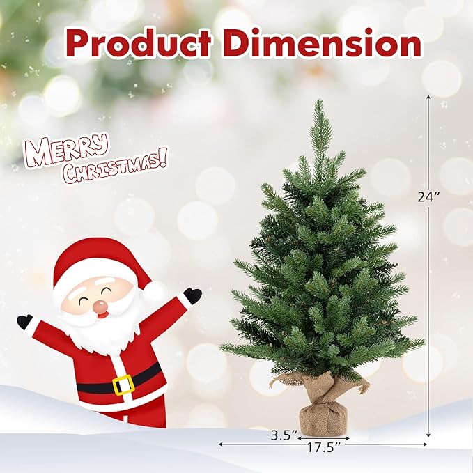 GOFLAME 2FT Pre-Lit Artificial Mini Christmas Tree, Small Tabletop Xmas Fir Tree with 234 Branch Tips, 35 Warm White LED Lights, Timer, Holiday Decoration Tree with Burlap Base