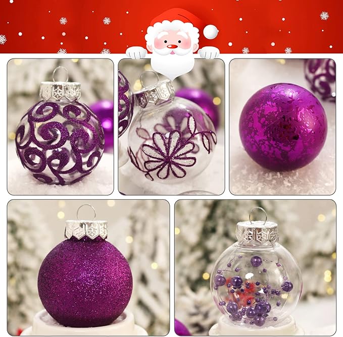 Clear Christmas Ornaments Set, 30ct 2.36inch Purple Shatterproof Christmas Ornaments Balls for Christmas Tree Delicate Stuffed Decorative Transparent Crystal Baubles for Xmas Halloween Wedding Party