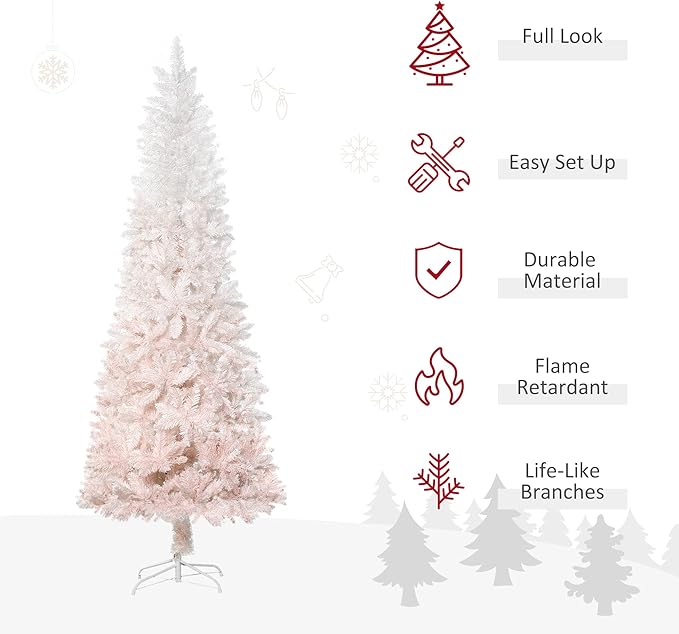 HOMCOM 7' Tall Unlit Pencil Fir Artificial Christmas Tree with Realistic Branches and Steel Base, Pink and White