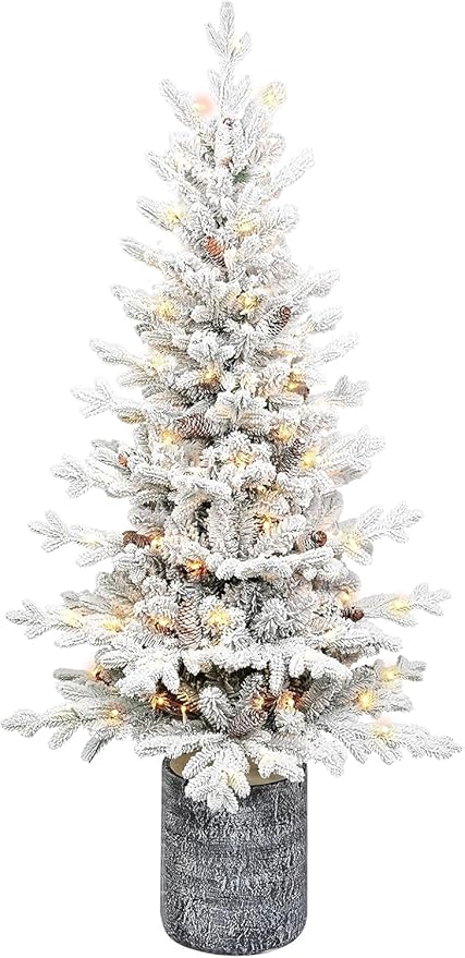 3FT Potted Flocked Christmas Tree, Snow Frosted Mini Tabletop Artificial Christmas Tree 365 PE & PVC Branch Tips for Front Door, Porch, Indoor and Outdoor