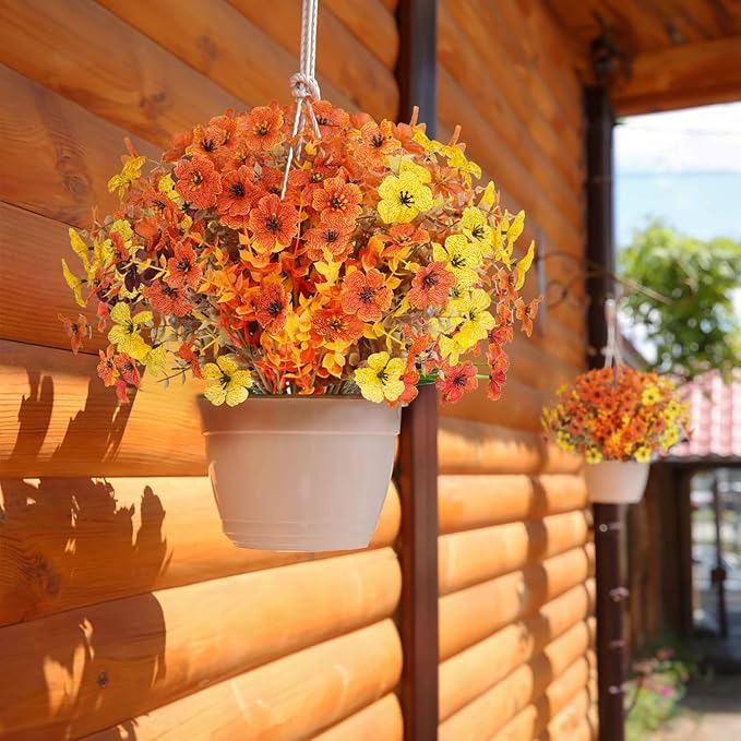 Artificial 15-Bloom Violet Flowers, Fake Flowers for Indoor Outdoor Decor, Faux Plants for Garden, Porch, Fall and Seasonal Decoration, UV Resistant Faux Plants (Orange and Yellow)