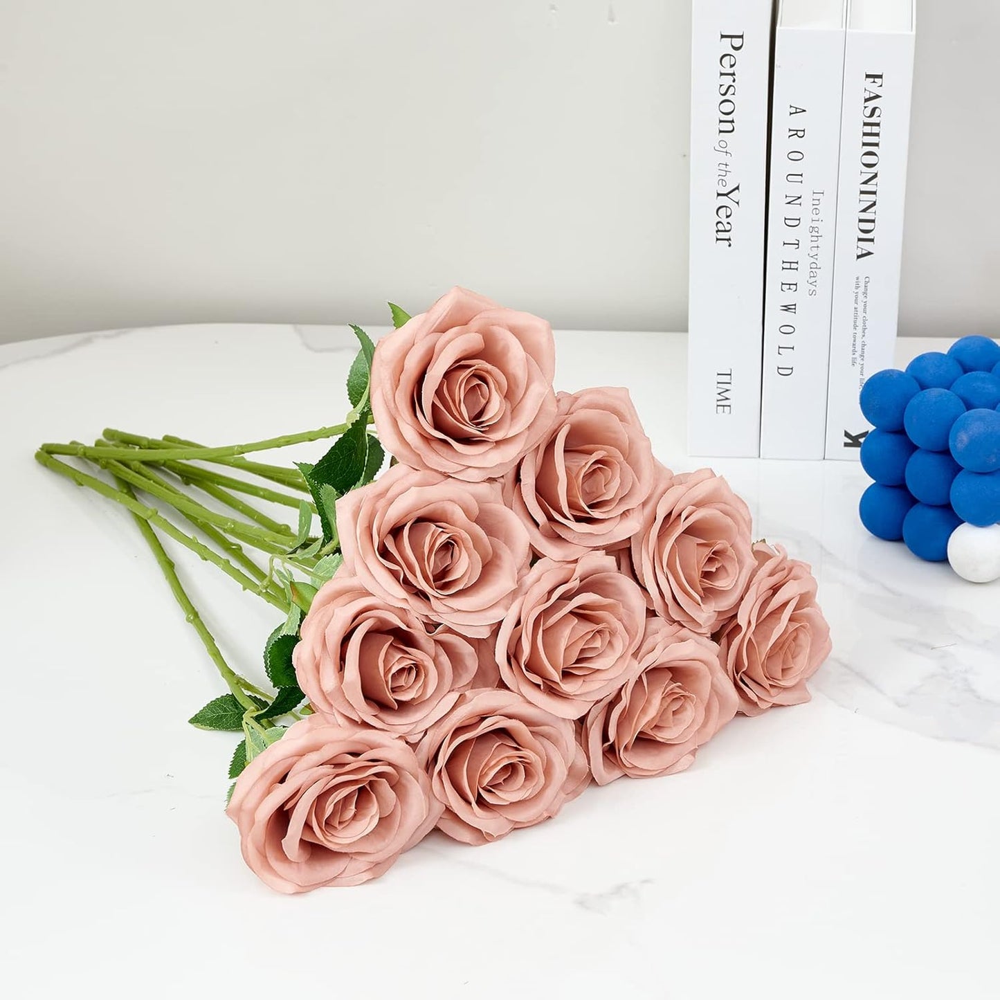 Artificial Rose 10pcs Open Flower Bouquet Faux Rose Stems for Wedding Arrangement, Bridal Bouquet, Centerpiece, Fake Faux Silk Flowers (Light Dusty Rose)