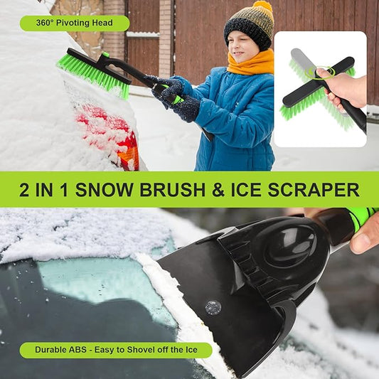 Yougfin Snow Brush with Ice Scraper 33 inch, 2 in 1 Extendable Snow Removal for Cars with Foam Grip and 360° Pivoting Brush Head, Heavy Duty Snow Cleaner for Auto Truck SUV