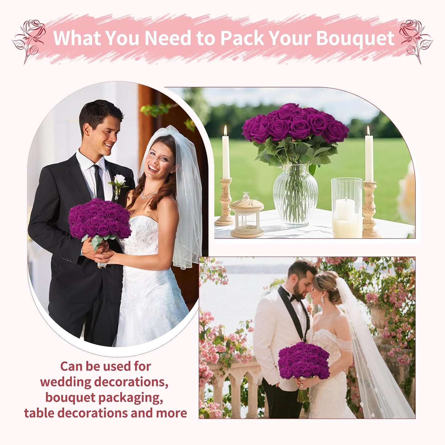 102 PCS Fake Roses Artificial Flowers Bulk, Purple Roses Bridal Bouquet Silk Faux Rose with Stems for Wedding Flowers Decoration, Valentine's Day, Bridal Bouquet,Anniversary,Home Decor (102PCS,Purple)