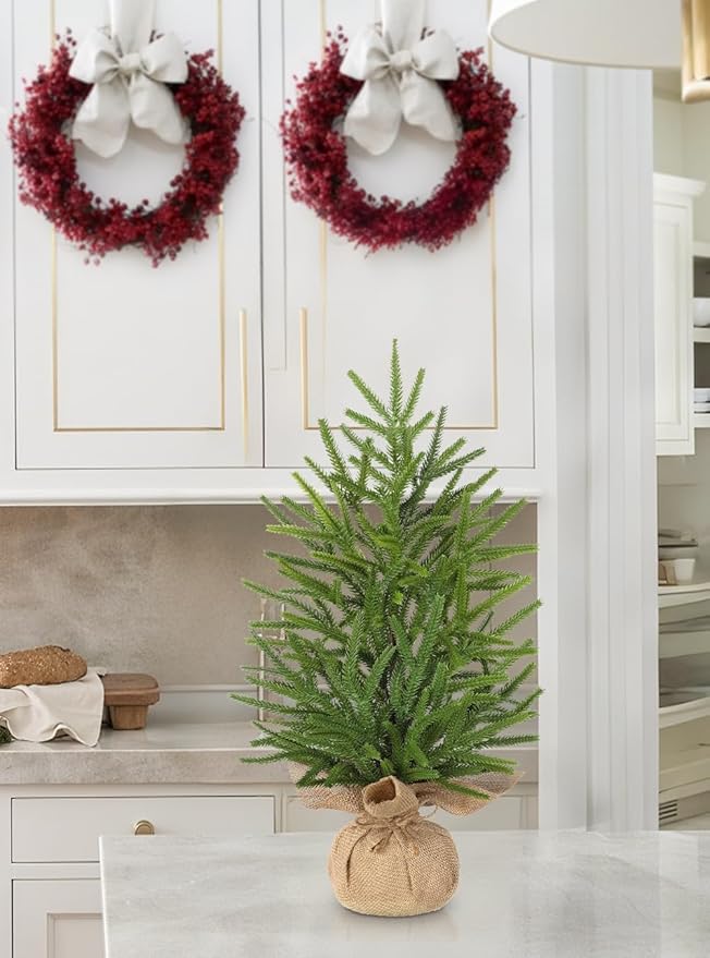 Artificial Mini Christmas Tree Tabletop - 21.6" Small Xmas Norfolk Pine Tree with Burlap Weighted Base Miniature Christmas Decor Centerpiece for Home Kitchen Holiday Party Farmhouse Desktop Indoor