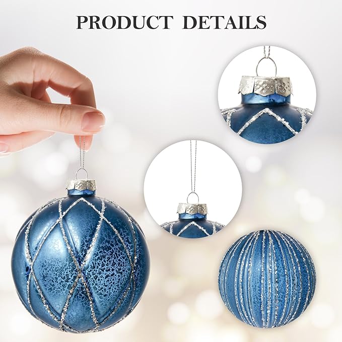 DN DECONATION 4PCS Blue Glass Christmas Ball Ornaments – 4” Shimmering Silver Lines Hanging Ball Ornaments Set for Christmas Tree, Winter Decor Elegant Holiday Decorations Wedding