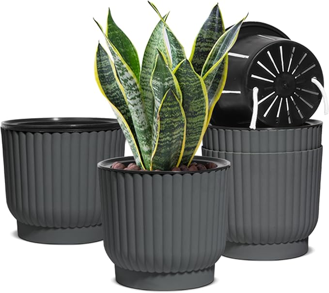 T4U 7 Inch Self Watering Pots for Indoor Plants, 4 Pack Plant Pots, Self Watering Planter for Indoor Plants, Durable Plastic Pots (4 Pack, 7", Gray)