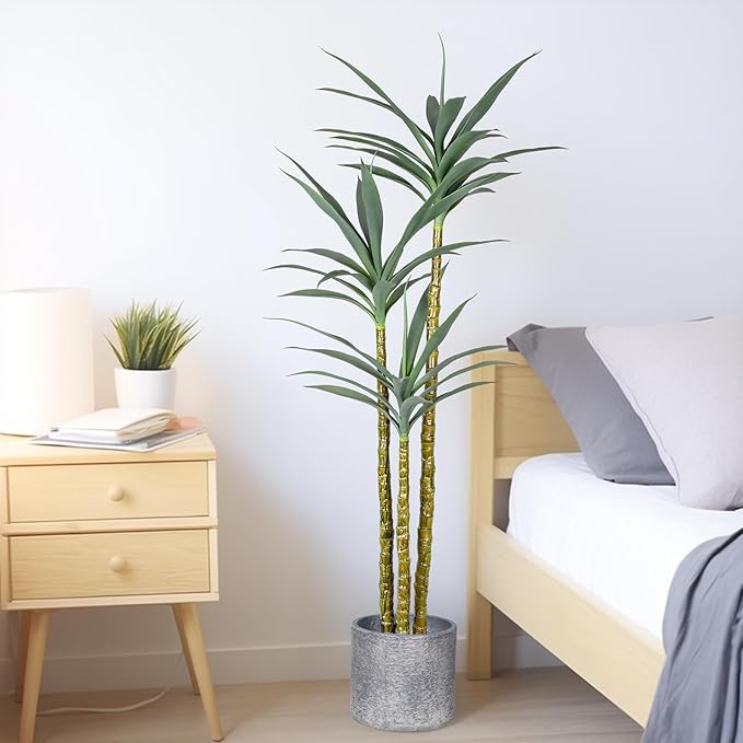 Artificial Agave Plant 5Ft Artificial Tree, Indoor Large Fake Plant 7 Head in Black Plastic Planter, 60in Faux Plants for Indoor or Outdoor Office Decoration Housewarming Green Tree