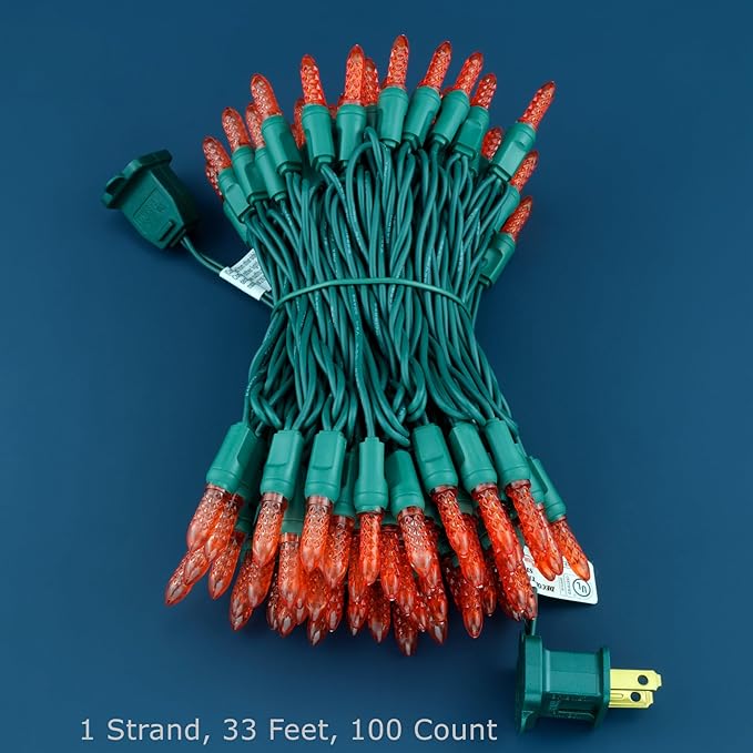 100 Red Faceted One-Piece LED Christmas Lights, 33 ft Green Cord High Waterproof UL Certified M6 Outdoor String Lights (Red)