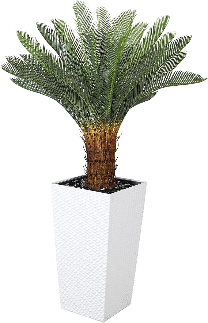 Artificial Palm Tree, 4FT Fake Palm Tree with White Tall Planter, Artificial Plants with Realistic Trunk and Leaves, Faux Sago Palm for Home and Office Décor, No Maintenance Indoor Greenery