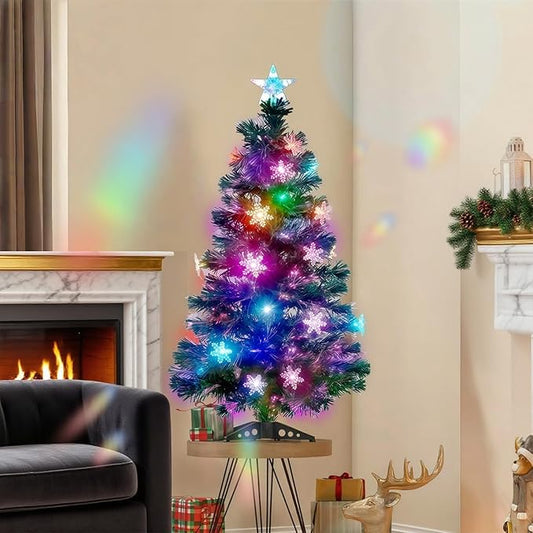 Juegoal 3 ft Pre-Lit Green Artificial Christmas Tree, Lighted Optical Fiber Table Mini Xmas Trees with Color Changing Lights, Snowflakes & Top Star, Fake Multicolored Tree for Festive Party Holiday