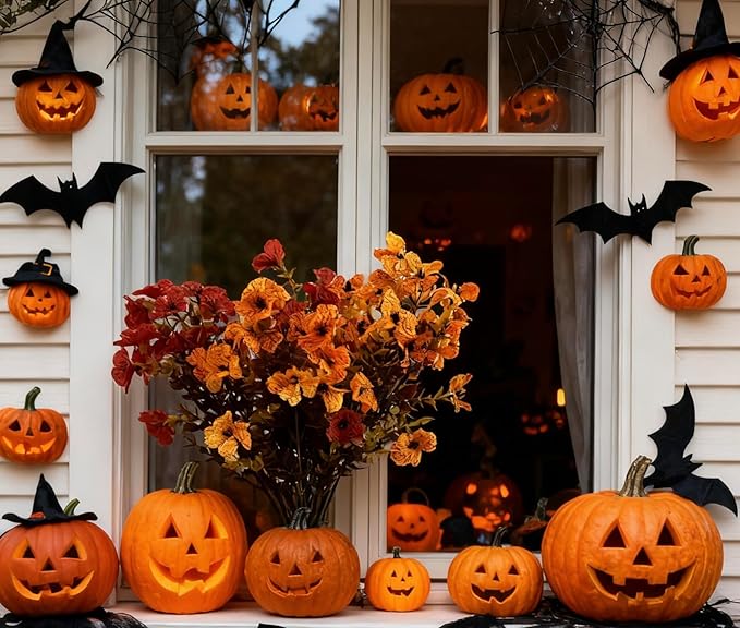 Artificial 15-Bloom Violet Flowers, Fake Flowers for Indoor Outdoor Decor, Faux Plants for Garden, Porch, Fall and Seasonal Decoration, UV Resistant Faux Plants (Orange and Yellow)