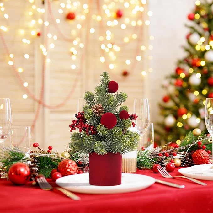 Small Christmas Tree, 12Inch Artificial Burgundy Velvet Ball Berry Mini Tabletop Christmas Decorations, for Home Party Thankgivings Xmas Indoor Decor.