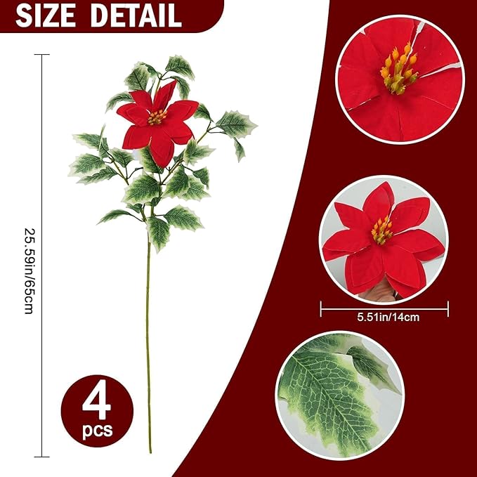 HUAESIN 4pcs Poinsettia Flowers Artificial Christmas Cemetery Flowers with Holly Leaves Faux Red Velvet Poinsettia Indoor Outdoor Long Stem Floal Arrangment for Crafts Vase Table Home Decor