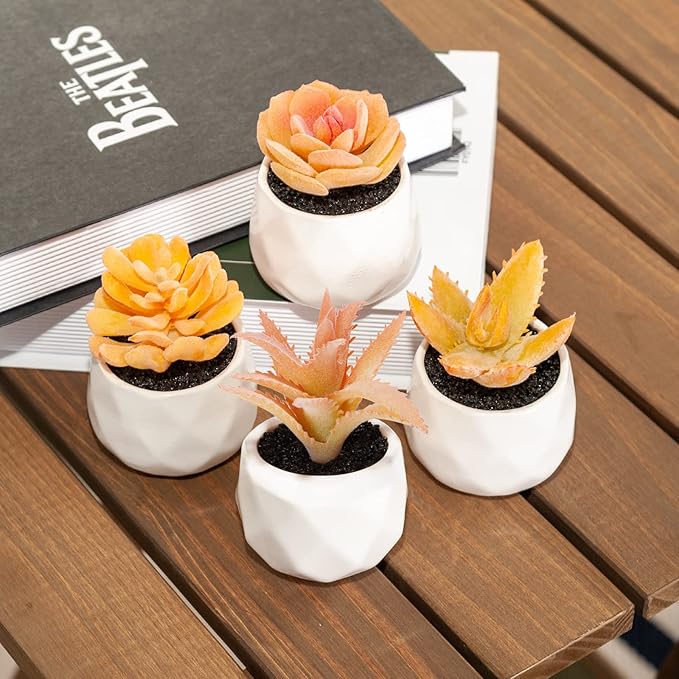 Tiita Artificial Faux Succulents in Pots, Mini Orange Fake Plants for Women Desk, Small Realistic Faux Succulents for Home Office Accessories Window Sill Bathroom Bedroom 4 Set, Orange