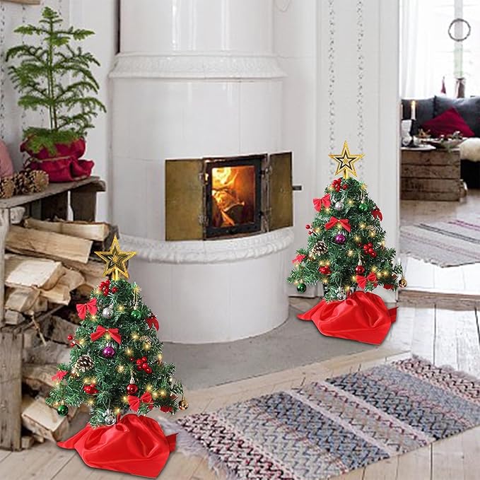 Juegoal 2 Pack Mini Christmas Tree Set 24 Inch / 2 FT, Table Top Artificial Christmas Trees with 50 LED Lights, Xmas Ornaments and Red Berries, Best DIY Christmas Decorations