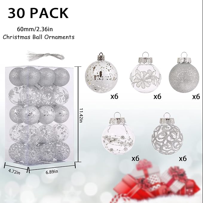 Christmas Ornaments Set, 30ct 2.36inch Assorted Clear Christmas Ornaments Shatterproof for Christmas Tree Decoration Silver Hanging Balls for Thanksgiving Xmas Wedding Party Home Indoor Outdoor Decor