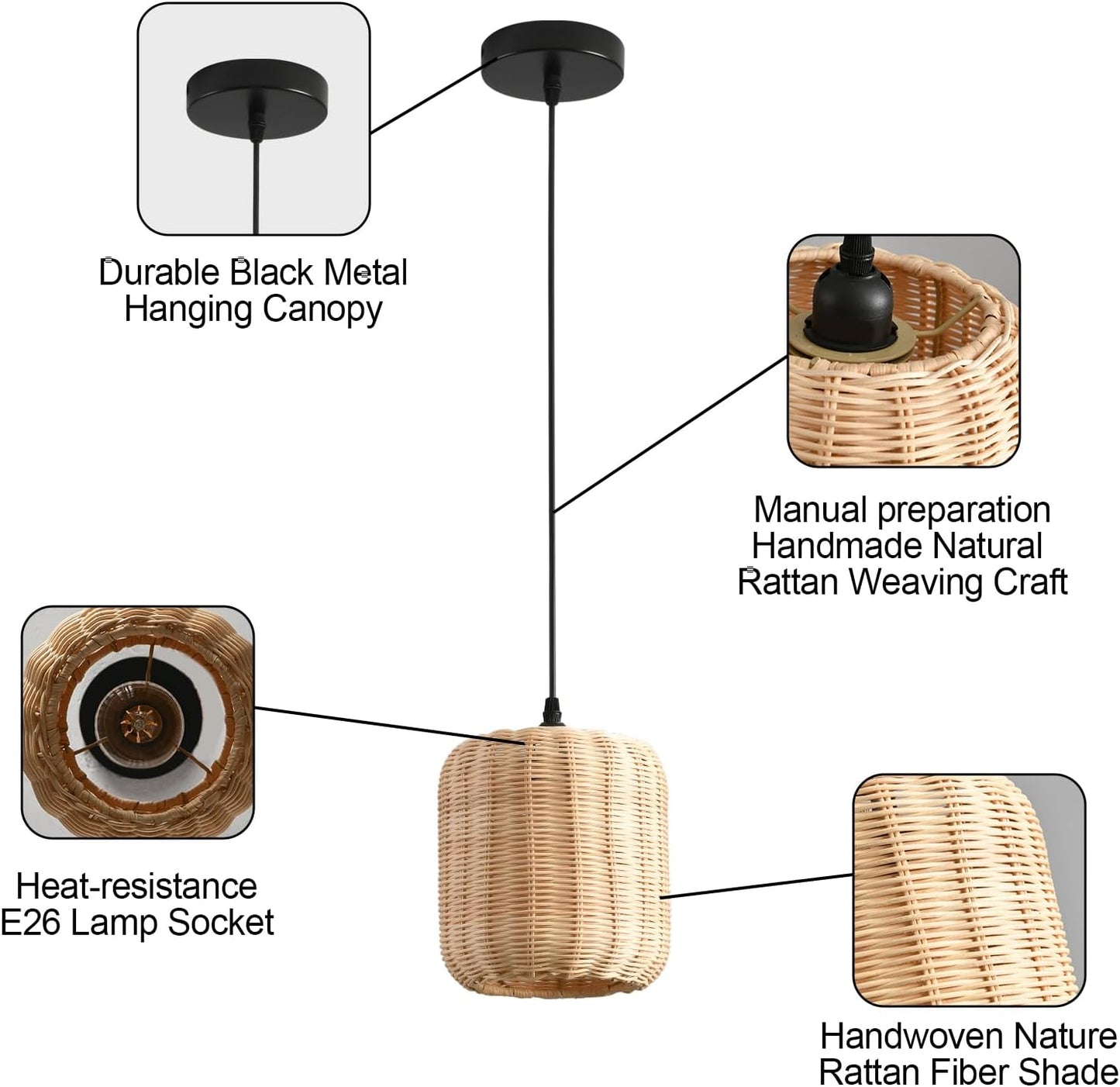 TeruTeru Ji Kaikang 3-Pack Mini Rattan Pendant Light,7.87" Rustic Bamboo Hanging Light Hand-Woven Rattan Chandelier for Dining Living Bedroom Kitchen Farmhouse