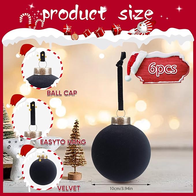 6 Pcs Velvet Christmas Balls Bulk Shatterproof Plastic Christmas Tree Decorations for Decorative Hanging Baubles (6, Black, 3.94Inch)