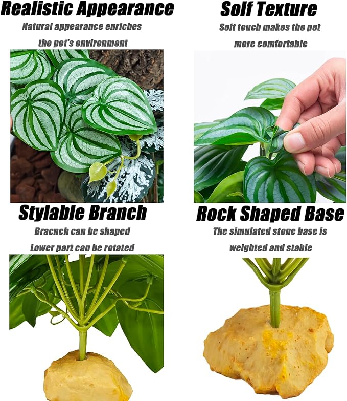 Woyrise Reptile Plants for Terrarium Decor, Ball Python Tank Accessories fit Bearded Dragon Crested Leopard Gecko Lizard Chameleon Snake Frog Tortoise Hermit Crab - Fake Calathea Orbifolia