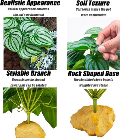 Woyrise Reptile Plants for Terrarium Decor, Ball Python Tank Accessories fit Bearded Dragon Crested Leopard Gecko Lizard Chameleon Snake Frog Tortoise Hermit Crab - Fake Calathea Orbifolia