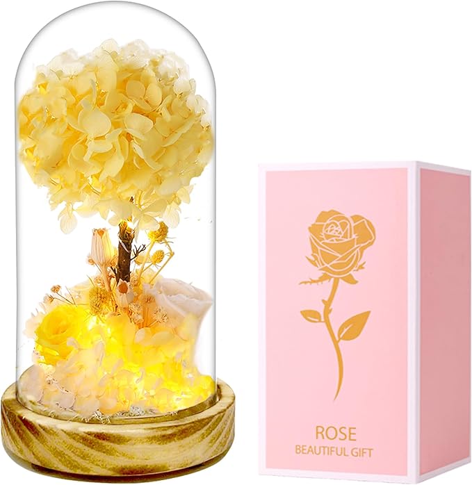 Preserved Flowers with LED Light, Yellow Hydrangea Tree and Rose,Wood Base,Christmas Rose Gifts for Valentine's Day, Mother's Day, Anniversary,for Mom Grandma Wife Friend Used as for Occasions
