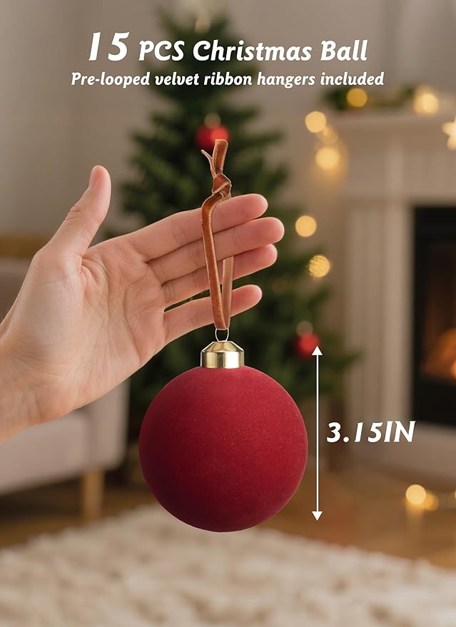 Brightown 15 Pcs Red Velvet Christmas Balls, 3.15 Inch Velvet Ornaments for Christmas Tree, Christma Tree Flocked Ornaments Balls for Family Holiday Wedding Party Xmas Hanging Decoration