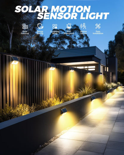 12 Pack Solar Fence Lights, Motion Sensor Deck & Wall Lights - Warm White LED, Wireless, Waterproof, Outdoor for Yard, Steps & Garden - Black