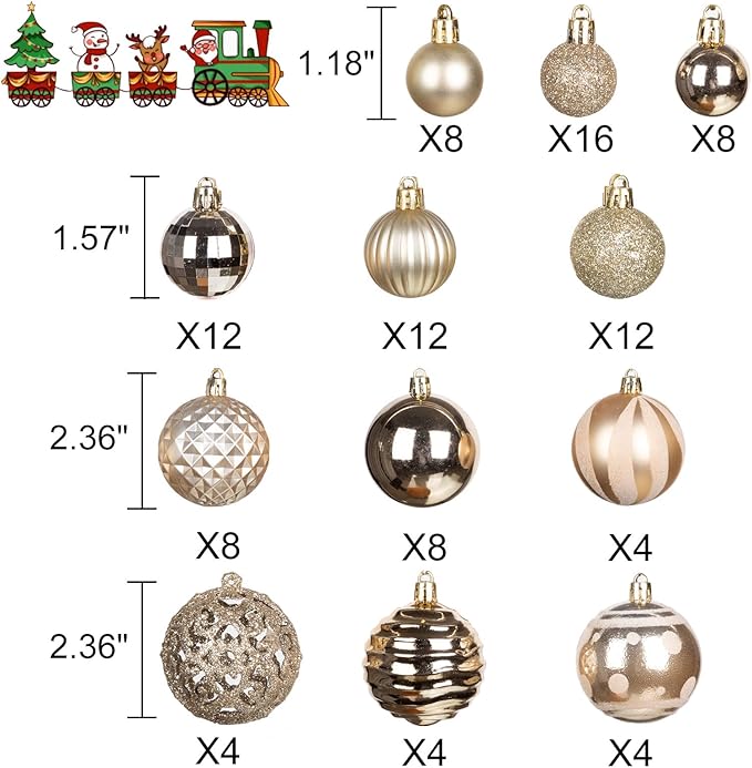 100PCS Christmas Ball Ornaments, Assorted Shatterproof Christmas Tree Decorations, Seasonal Decorative Hanging Baubles Decor Set for Xmas/Holiday/Party, Glitter&Painting Ornament Set (Champagne)