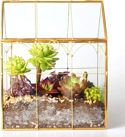 Glass Geometric Plant Terrarium,Succulent & Air Planter for Home Garden Office Decoration (Gold House)