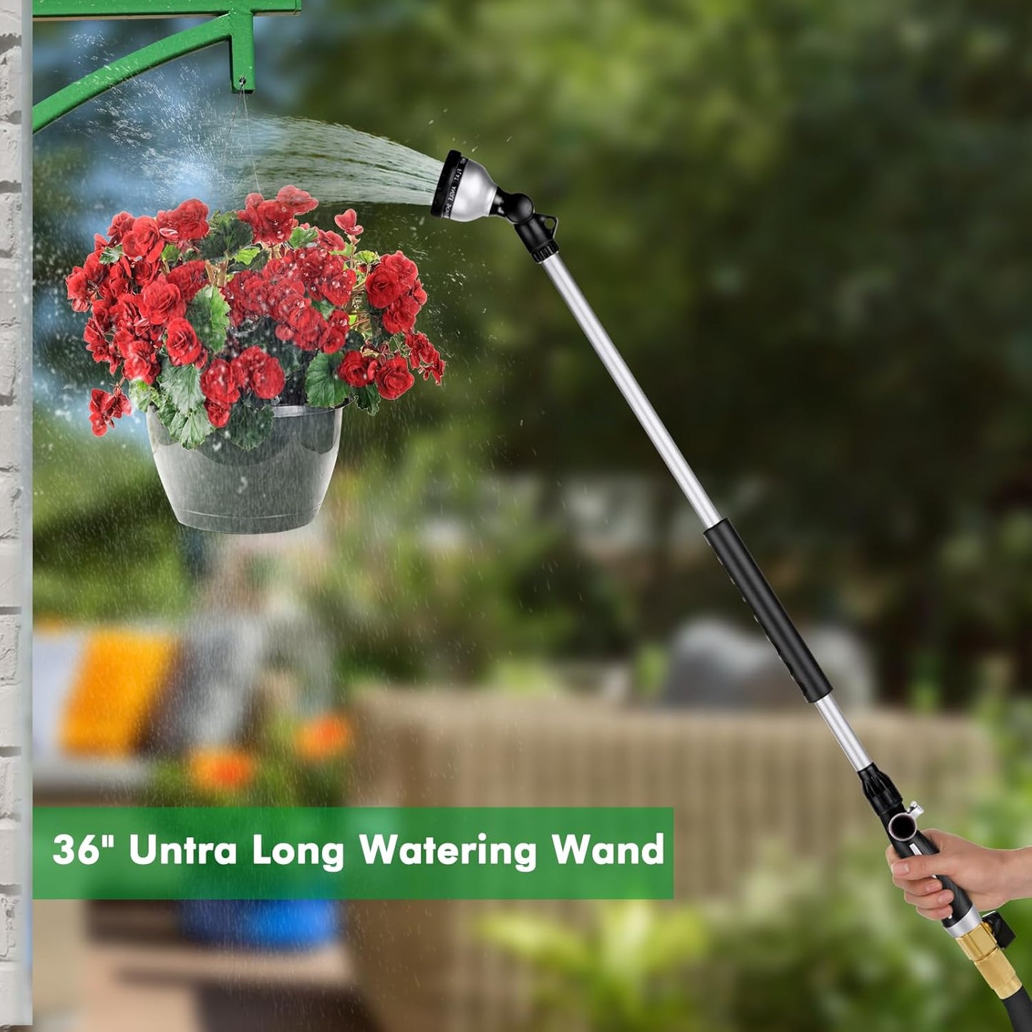 RESTMO 36” Long Watering Wand, Metal Garden Hose Wand with 180° Swivel Head and 10 Spray Patterns, Heavy Duty Hose Nozzle Sprayer with Thumb Flow Control, for Water Hanging Baskets, Shrubs, Silver