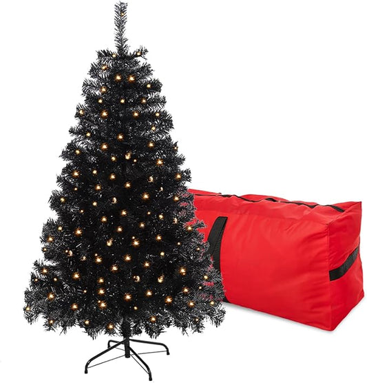 4FT Pre-Lit Black Christmas Tree, Small Artificial Halloween Tree with 450 PVC Branch Tips, 150 Warm Lights & Foldable Metal Stand Home Seasonal Holiday Decoration
