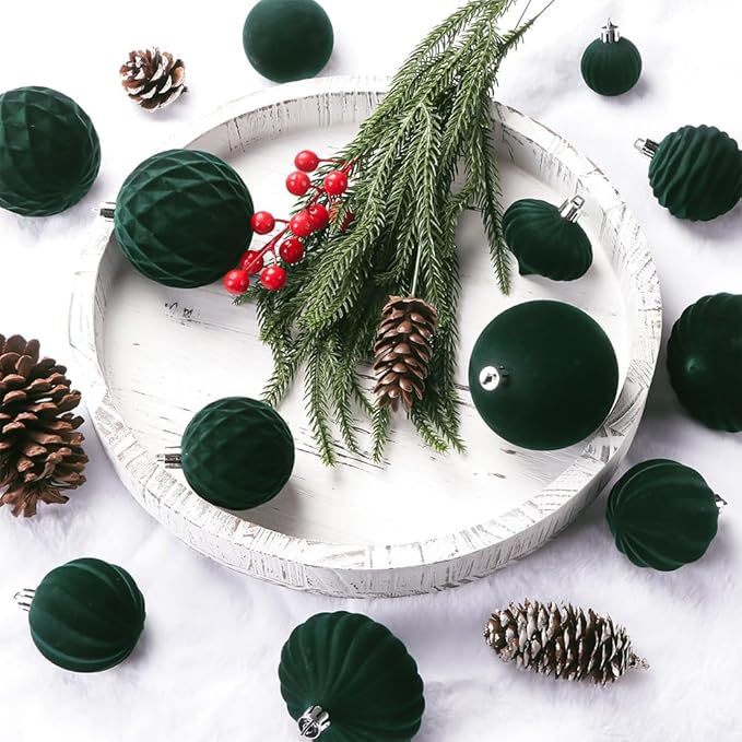 28PCS Velvet Christmas Balls Ornaments, Flocked Shatterproof Dark Green Xmas Tree Hanging Decoration Plastic Ball Set Bulk Ornament for Winter Trees Holiday Party Home Wreath Decor