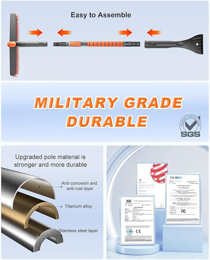 [Upgrade] Ice Scraper & Extendable Snow Brush for Car Windshield [Military-Grade Sturdy] - 360° Pivoting Brush Head with Silicone Grip for Effortless One-Swipe Clean on Auto (Large)