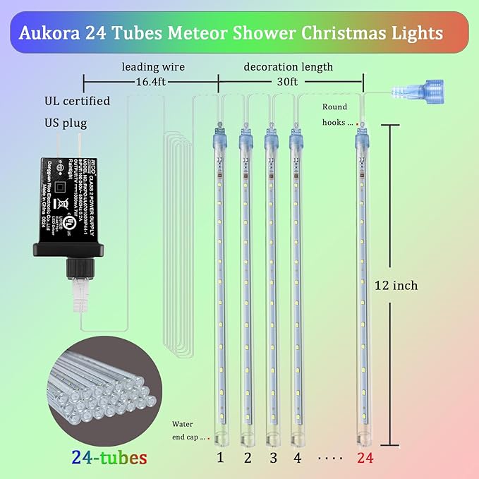 Aukora Christmas Lights Outdoor, 24 Tubes 576 LEDs Meteor Shower Light, Icicle Snow Falling Rain Lights for Xmas Tree Christmas Decorations Wedding Party Holiday Garden Decor, UL Plug (Multicolor)