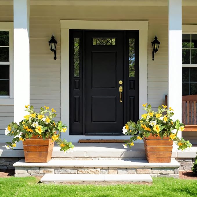 Artificial Morning Glory Fake Flowers for Outdoor Planter Decoration, 2 Pcs Petunias Realistic UV Resistant Faux Silk Flowers for Garden Balcony Porch Indoor Decor (Yellow White)