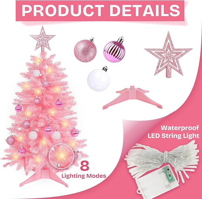Sunshine Pink Christmas Tree with Light 3ft Artifical Full Christmas Tree with Ball & Star Ornaments 8 Lighting Modes for Holiday Decor