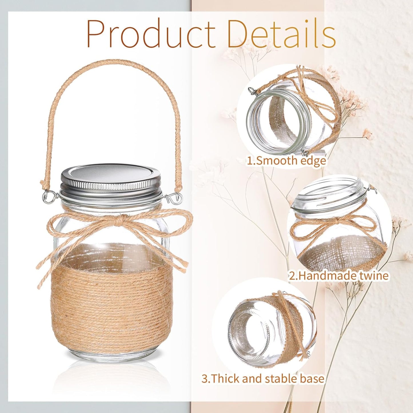 6 Pcs 5 Inch Small Hanging Mason Jars with Handles and Lids Decorative Glass Bottles Rope Net Glass Vase for Home Table Centerpiece Farmhouse Wedding Party decoration