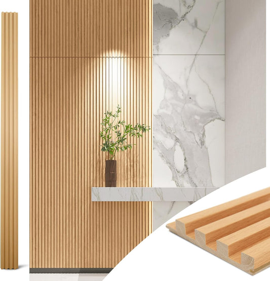 Art3d Slat Wood Wall Paneling for Interior and Ceiling Decoration - Pack of 4pcs + 1pc End-Trim, Size 108 x 5.7in.- Oak