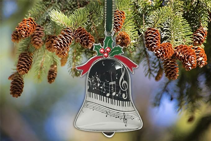 Christmas Ornament Bell Pendant Decorative Metal Glass Hanging Christmas Bell Ornaments for Home Decoration Party Decor A Piano Keys with Musical Notes