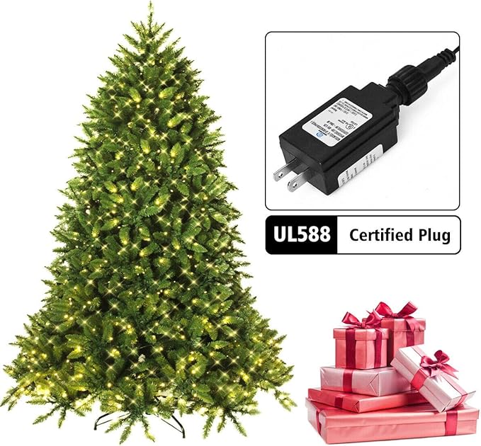 Goplus 7.5ft Prelit Christmas Tree, Premium Hinged Artificial Fir Tree, with LED Lights and Metal Stand, Easy Assemble, Xmas Decor for Home