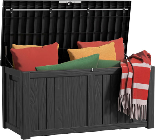 120 Gallon Outdoor Storage Box Waterproof, UV Resistant Resin Deck Box with Hydraulic Rod, Reinforced Stability for Patio, Garden, and Pool, Striped Black