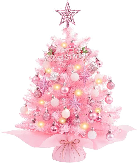 XmasExp 20in Mini Christmas Tree with Lights Pink Small Christmas Tree Artificial Tabletop Xmas Decor Holiday Decoration for Home, Office, Party